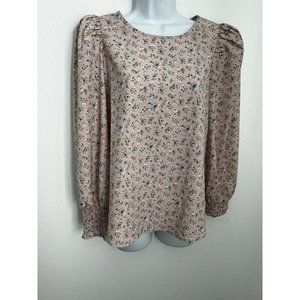 Pleione Womens Blouse Size Small S Blush Pink Blue Floral Ditsy Puff Sleeve BOHO